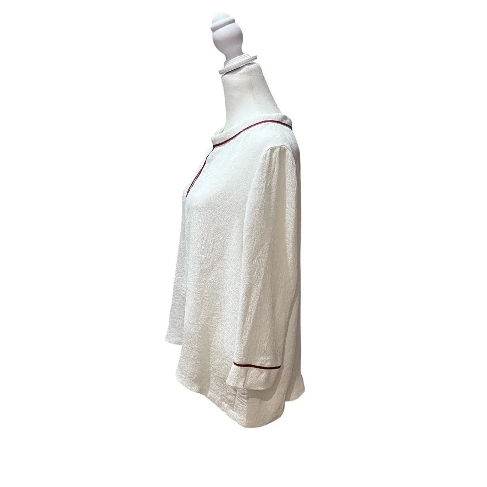 Maje White Crepe Dainty Keyhole‎ Minimalist Blouse Red Trim  3/4 Sleeve Medium